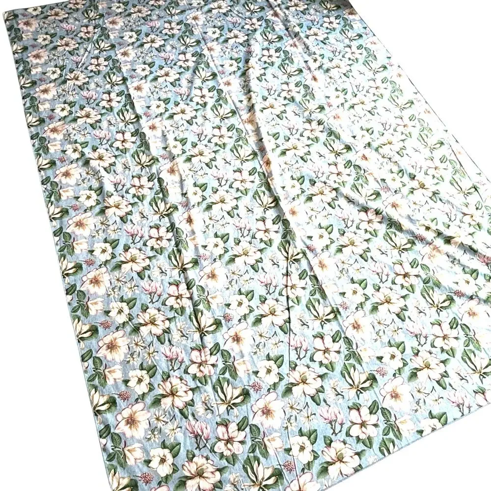 Blue & pink magnolia flowers tablecloth with greenery farmhouse cottage cabin
